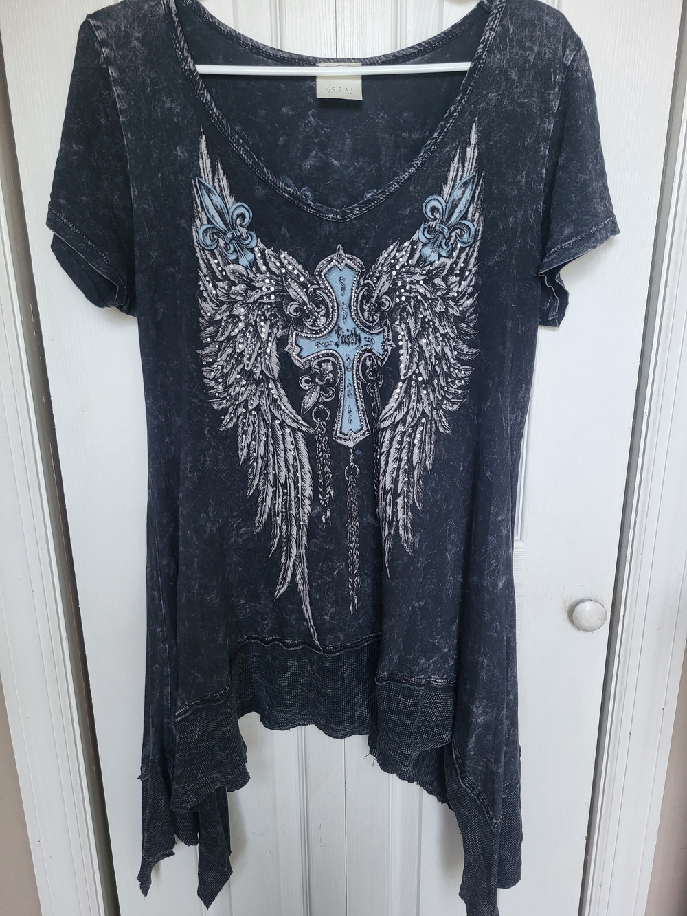 Y2K Vocal Black Mineral Wash Rhinestone Cross Wings Handkerchief Hem Tunic Top